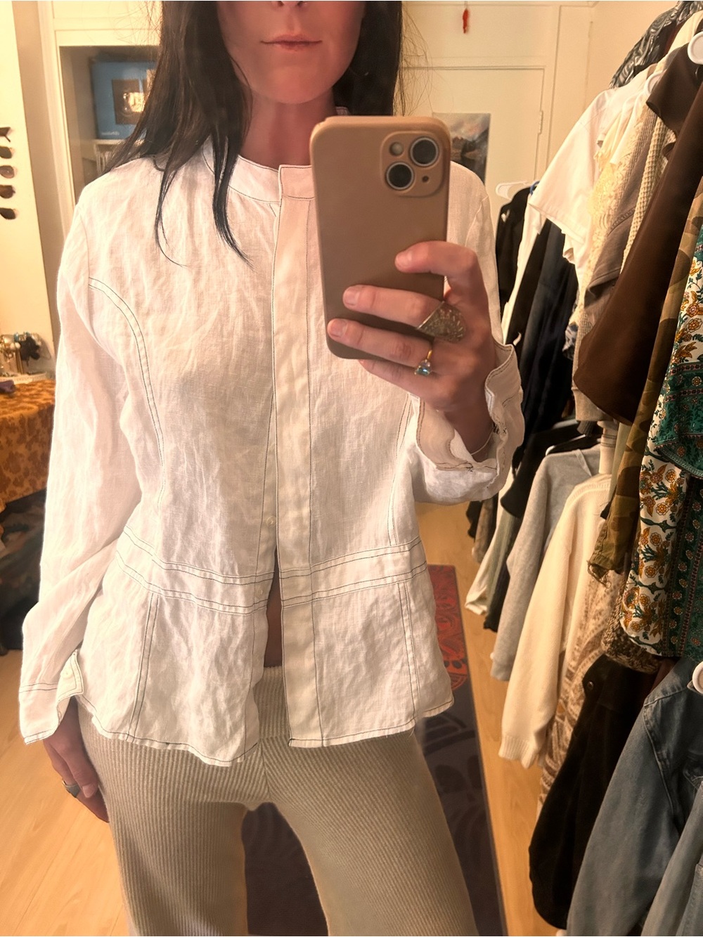 White Linen Button-Down Peplum Shirt